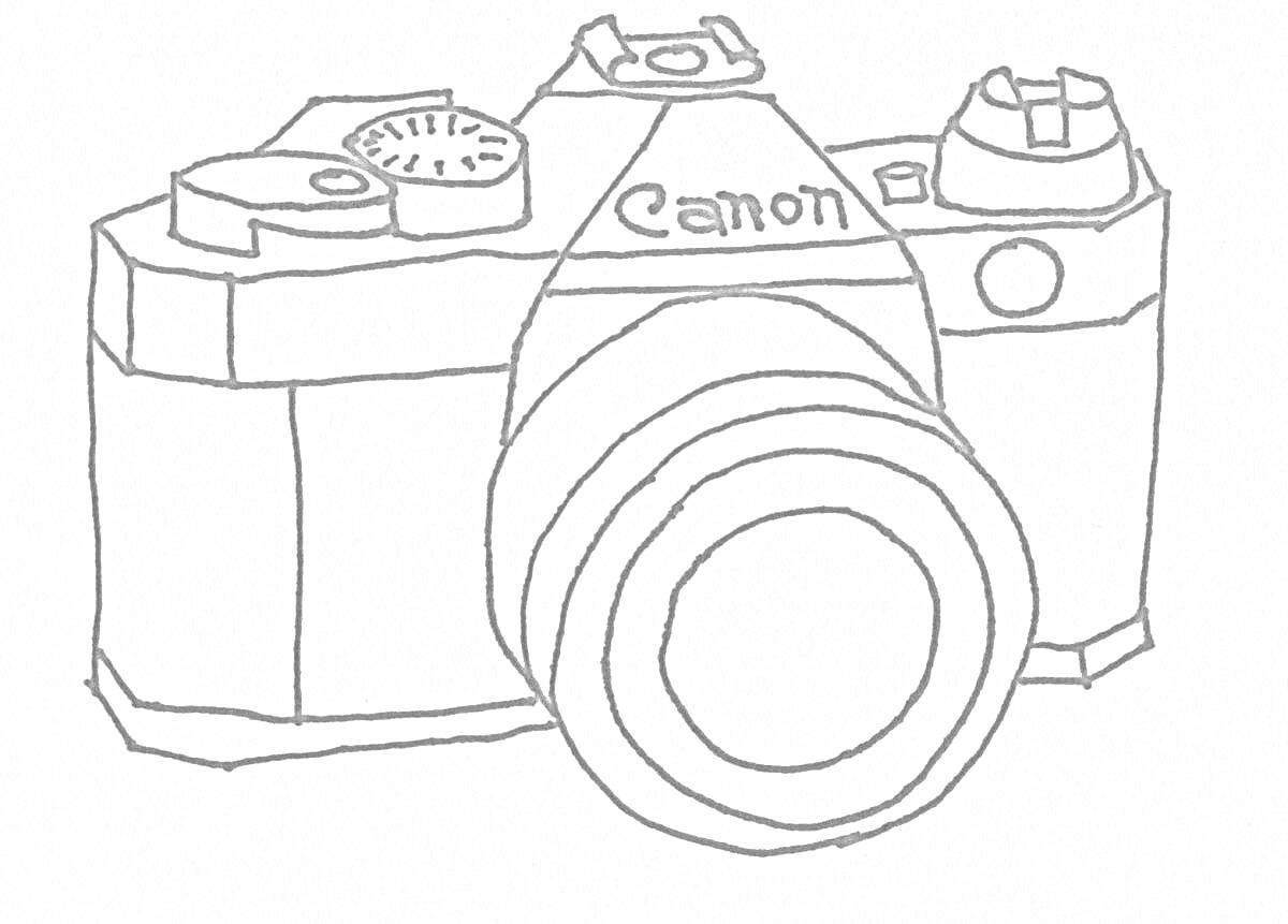 Раскраска Фотоаппарат с объективом, переключателем режимов, кнопками и логотипом 