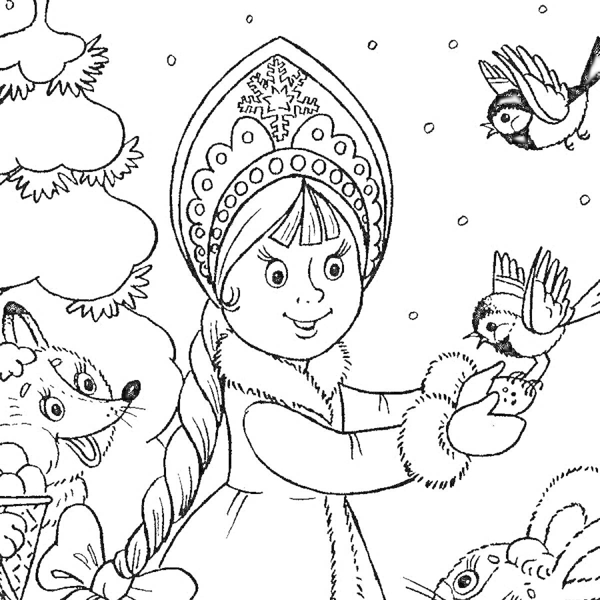 Раскраска Снегурочка с птицами на руке, лиса и ёлка на заднем плане