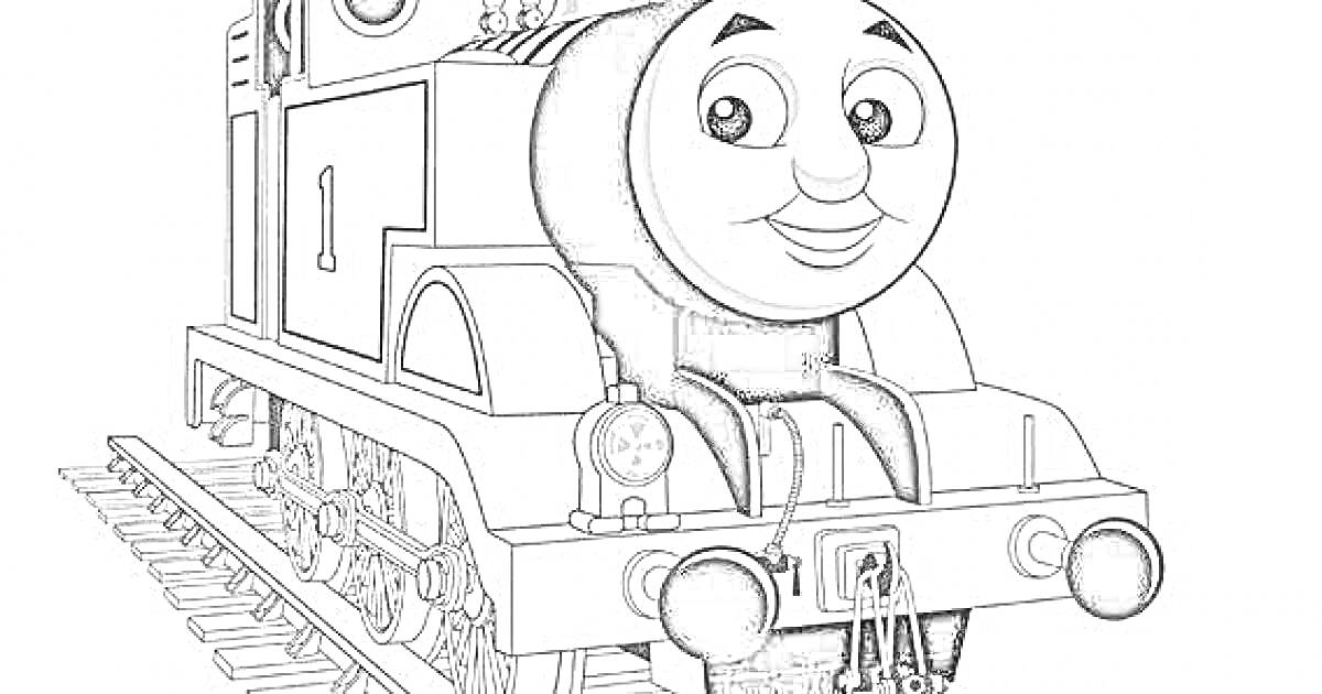 На раскраске изображено: Паровозик томас, Железная дорога, Поезд, Томас и друзья