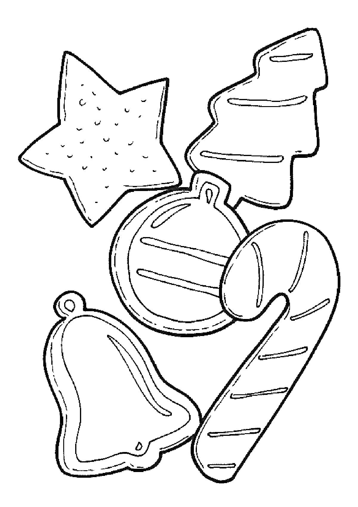 Раскраска Елочные украшения: звезда, елка, шар, колокольчик и леденец