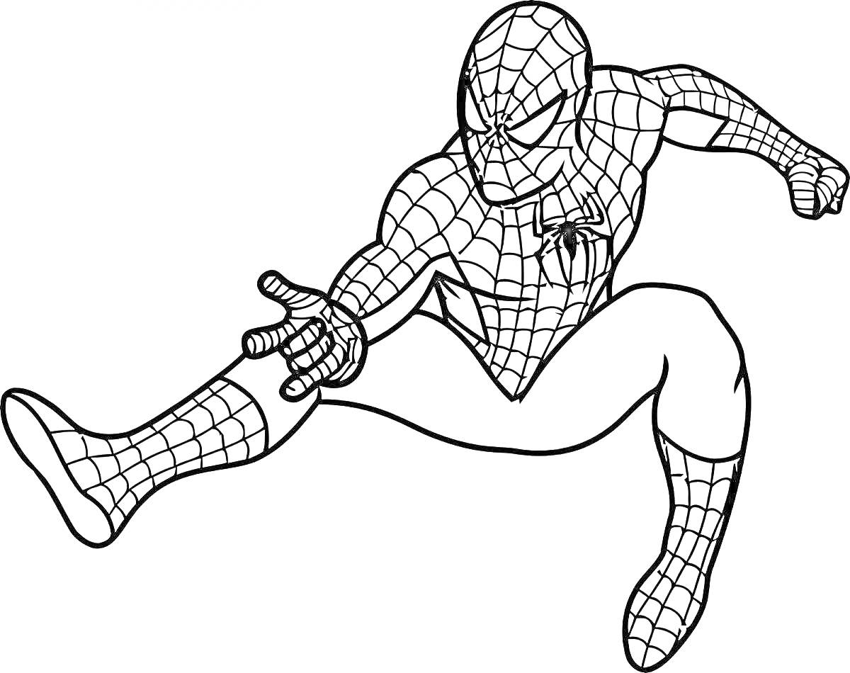 Раскраска Человек-паук в классическом костюме, стреляющий паутиной в прыжке.