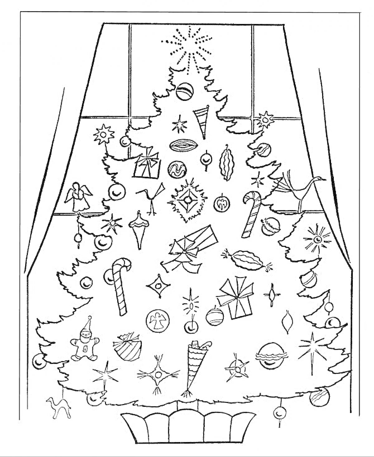 На раскраске изображено: Окна, Украшения, Шары, Конфеты, Подарки, Ёлочные игрушки, Новогодняя елка