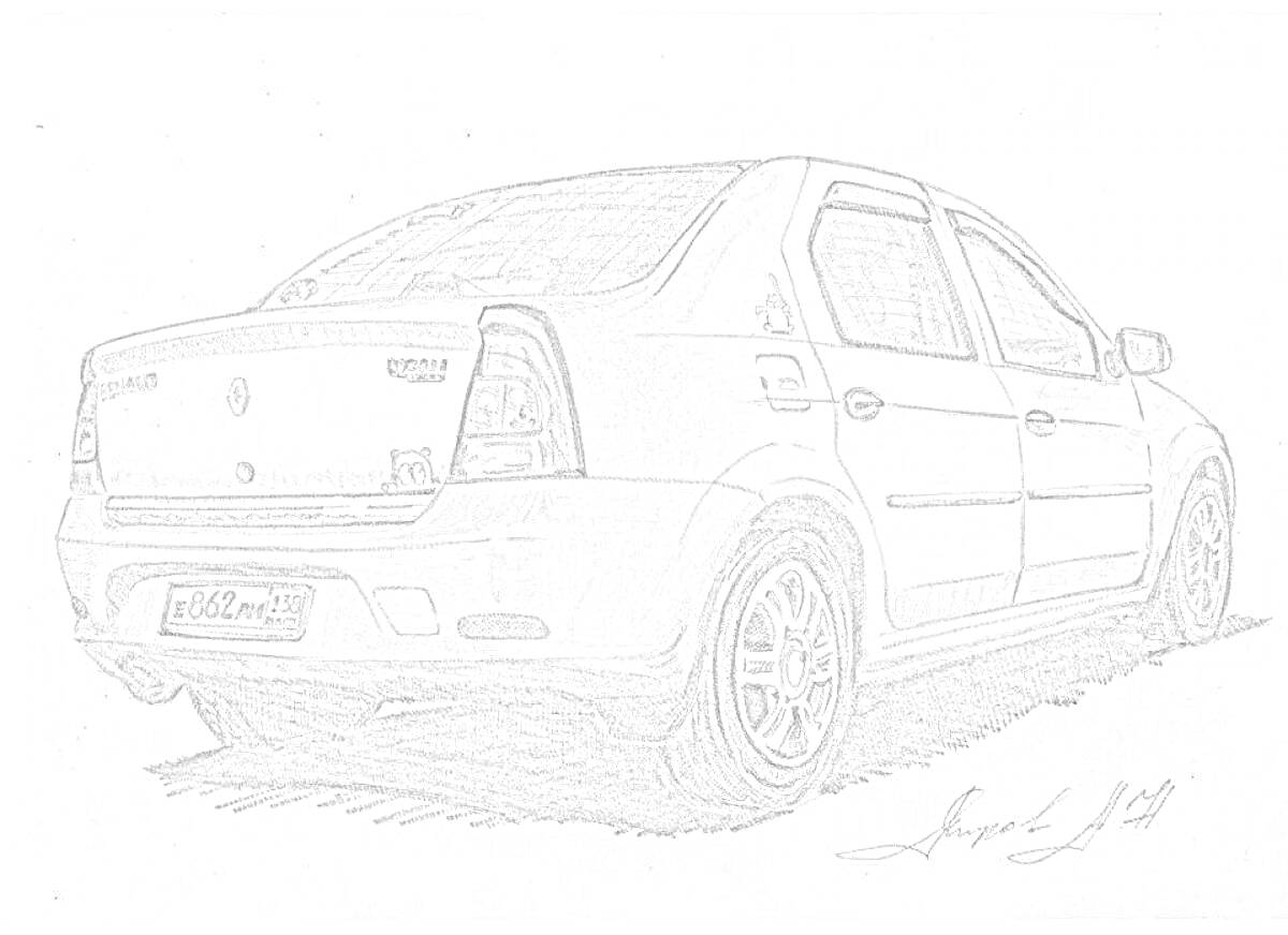 Раскраска Рисунок автомобиля Renault Logan, задний вид, с колесами, фарами, боковыми зеркалами и номерным знаком.