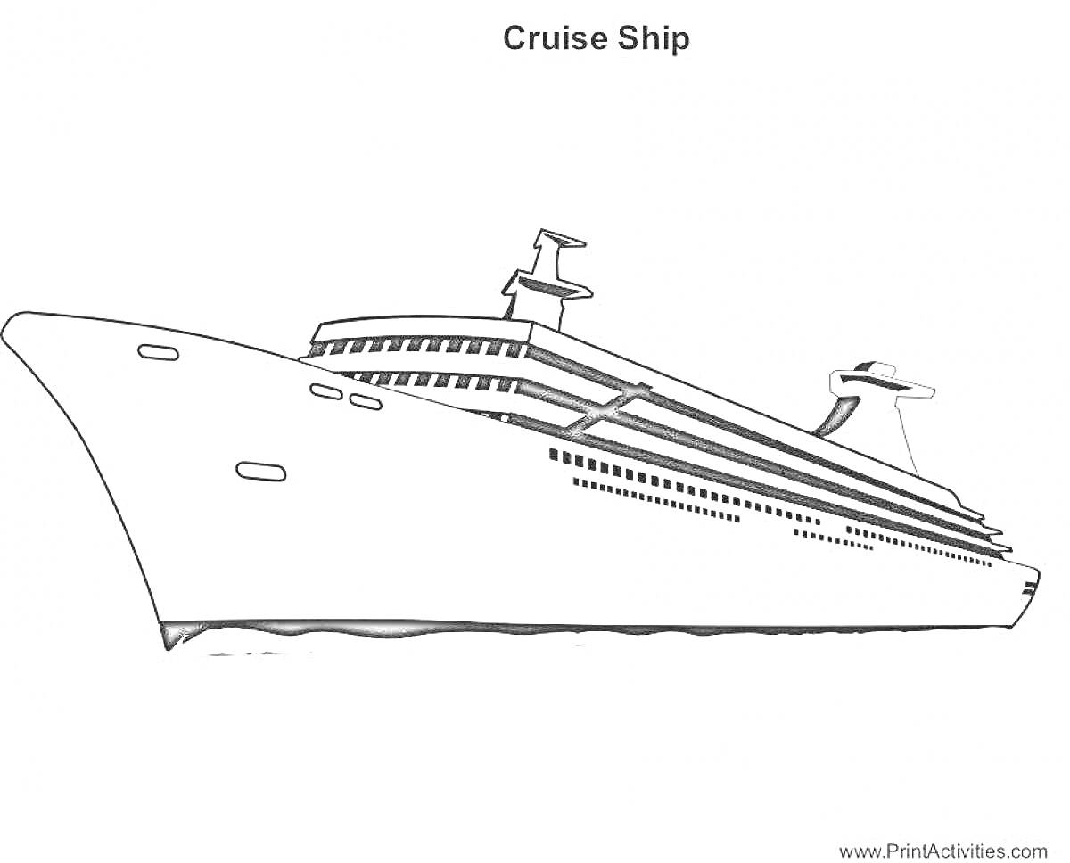 На раскраске изображено: Лайнер, Круизный корабль, Палубы, Антенны, Море, Судно