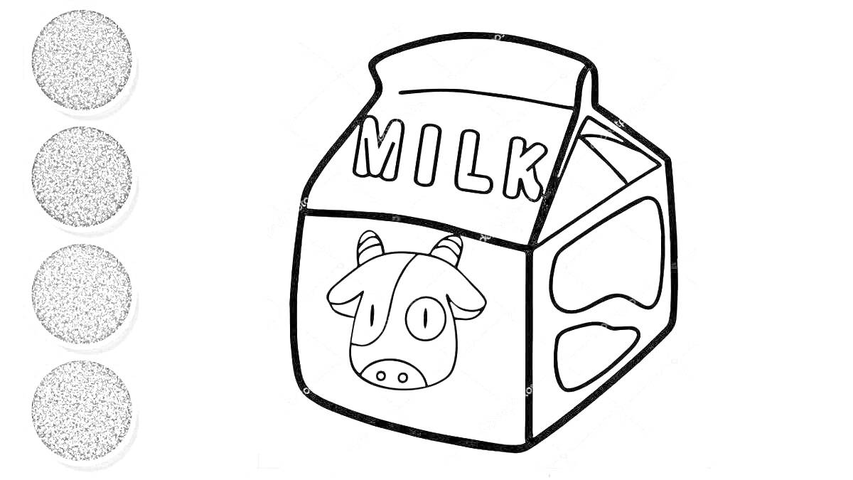 На раскраске изображено: Молоко, Корова, Пакет, Еда, Напиток, Для детей