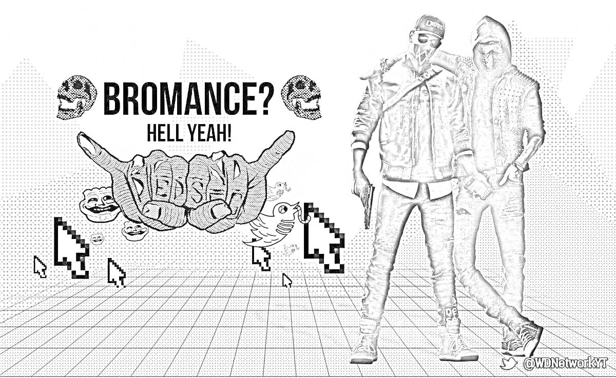 Раскраска Два персонажа из Watch Dogs 2, один в шляпе и солнечных очках с рюкзаком и пистолетом, второй в вязаной шапке и сектантской маске с наушниками, текст 