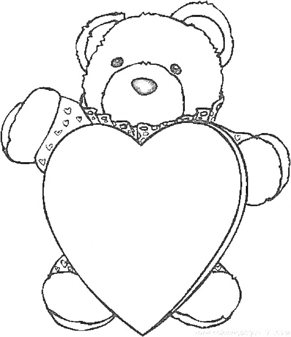 Раскраска Медвежонок с банданой и сердцем, мишка держит большое сердце, бандана с сердечками