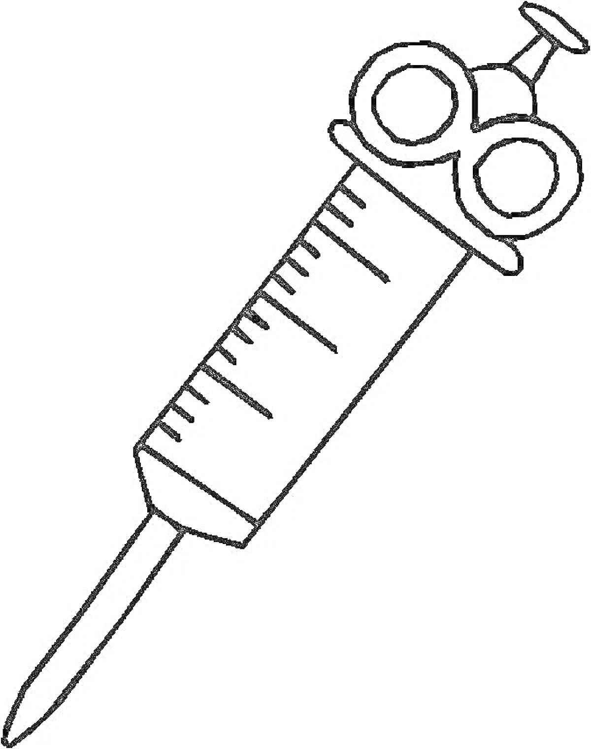 Раскраска Шприц с мерной шкалой и кольцами для пальцев.