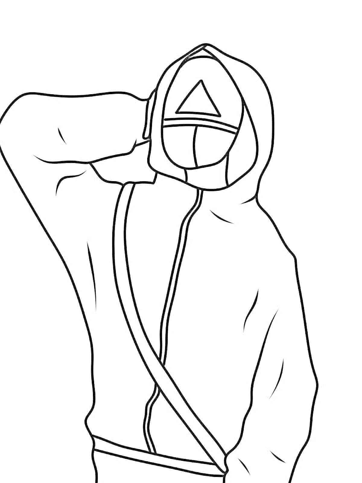 Раскраска Раскраска охранника из Игры в кальмара с треугольником на маске, с повязкой и поднятой рукой