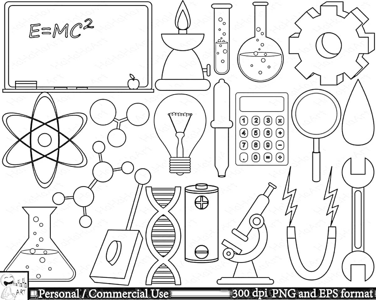 Раскраска Лаборатория с пробирками, колбами, микроскопом, лампочкой, шестерней, формулой, молекулами, ДНК, лампой, калькулятором, графином, батареями и электрическими проводами