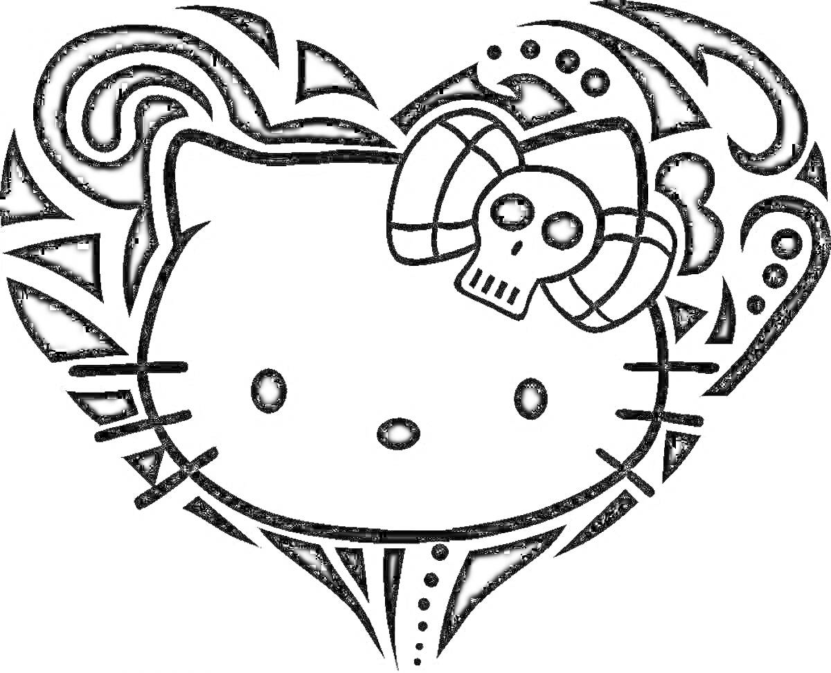 Раскраска Хелло Китти с бантом-черепом на фоне сердечного панк-узора