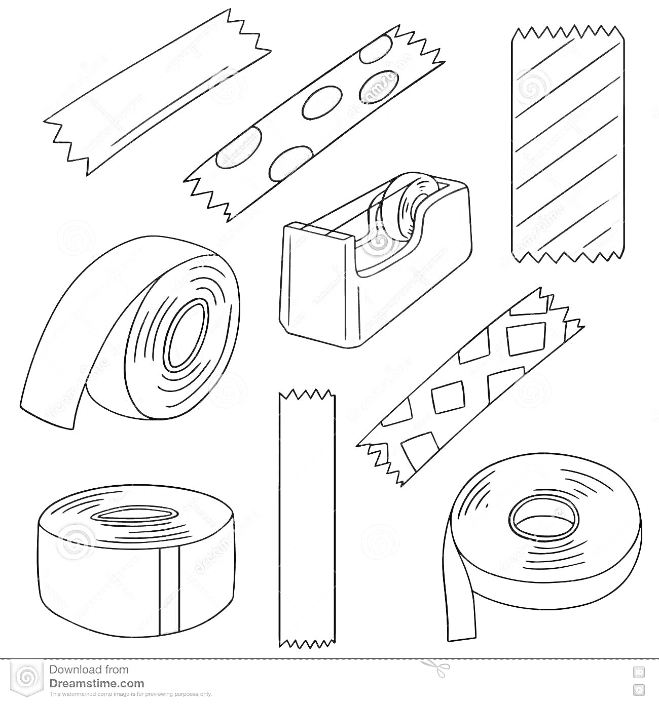 Разнообразные типы скотча - разноцветный скотч, скотч в красный горошек, скотч-держатель с прозрачным скотчем, розовый скотч, скотч с коричневой и красной полосами, кремовый скотч с округлыми штаммами, белый скотч в рулоне