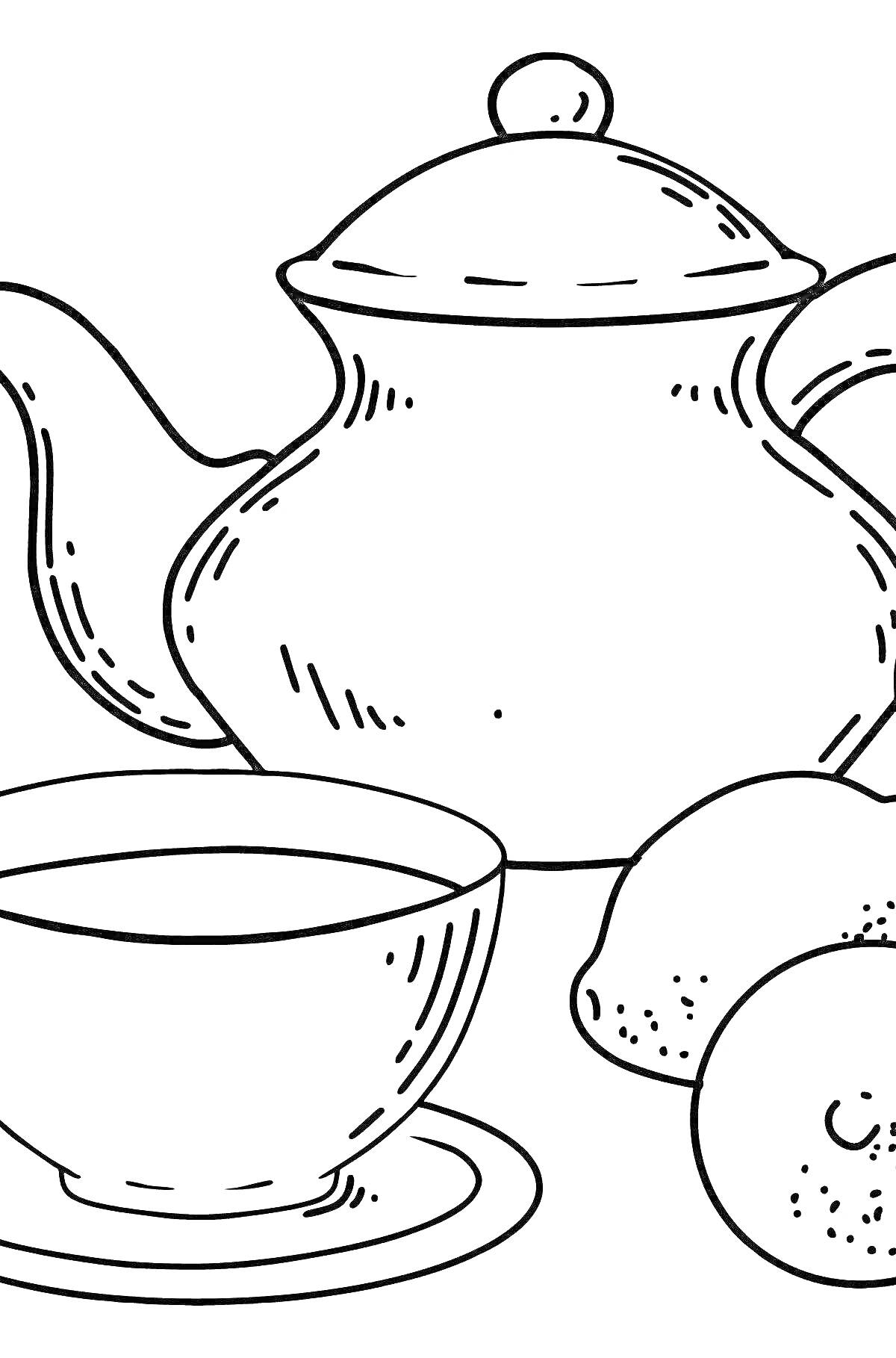 Раскраска Чайник, кружка и фрукты