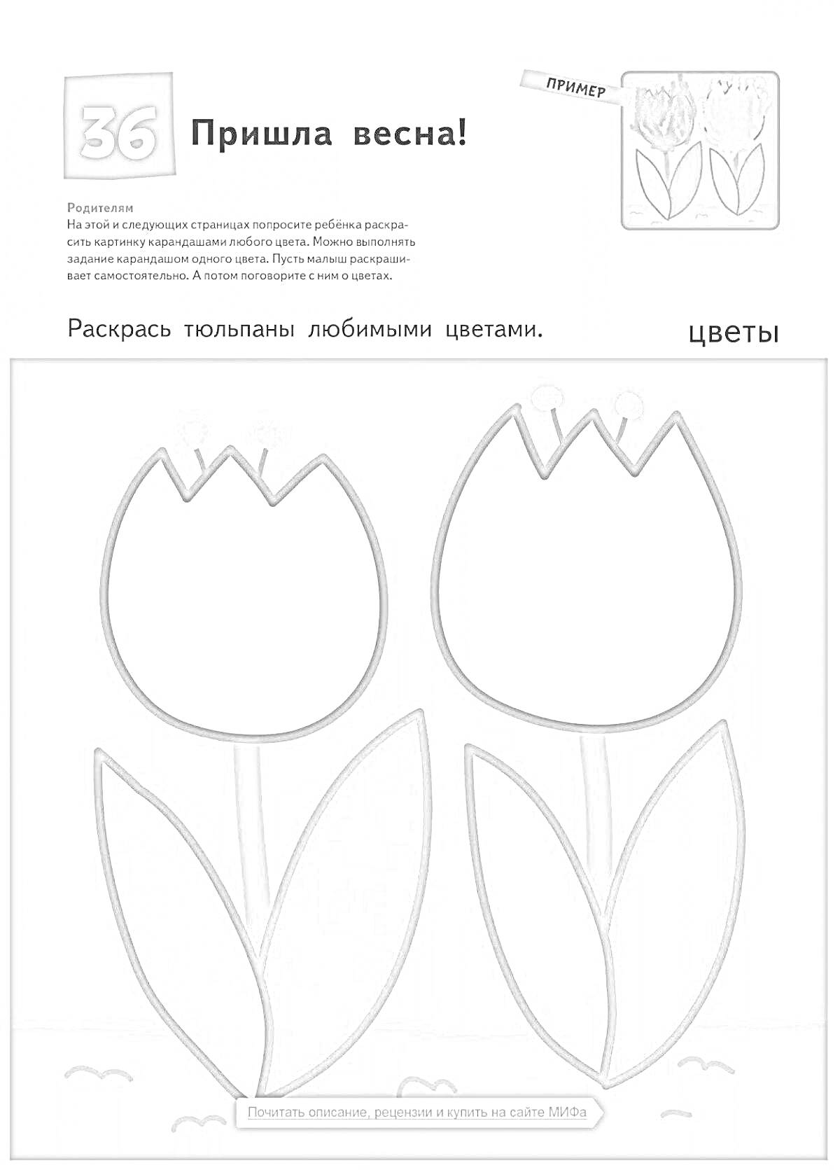 На раскраске изображено: Кумон, Весна, Цветы, Тюльпаны, Листья, Трава