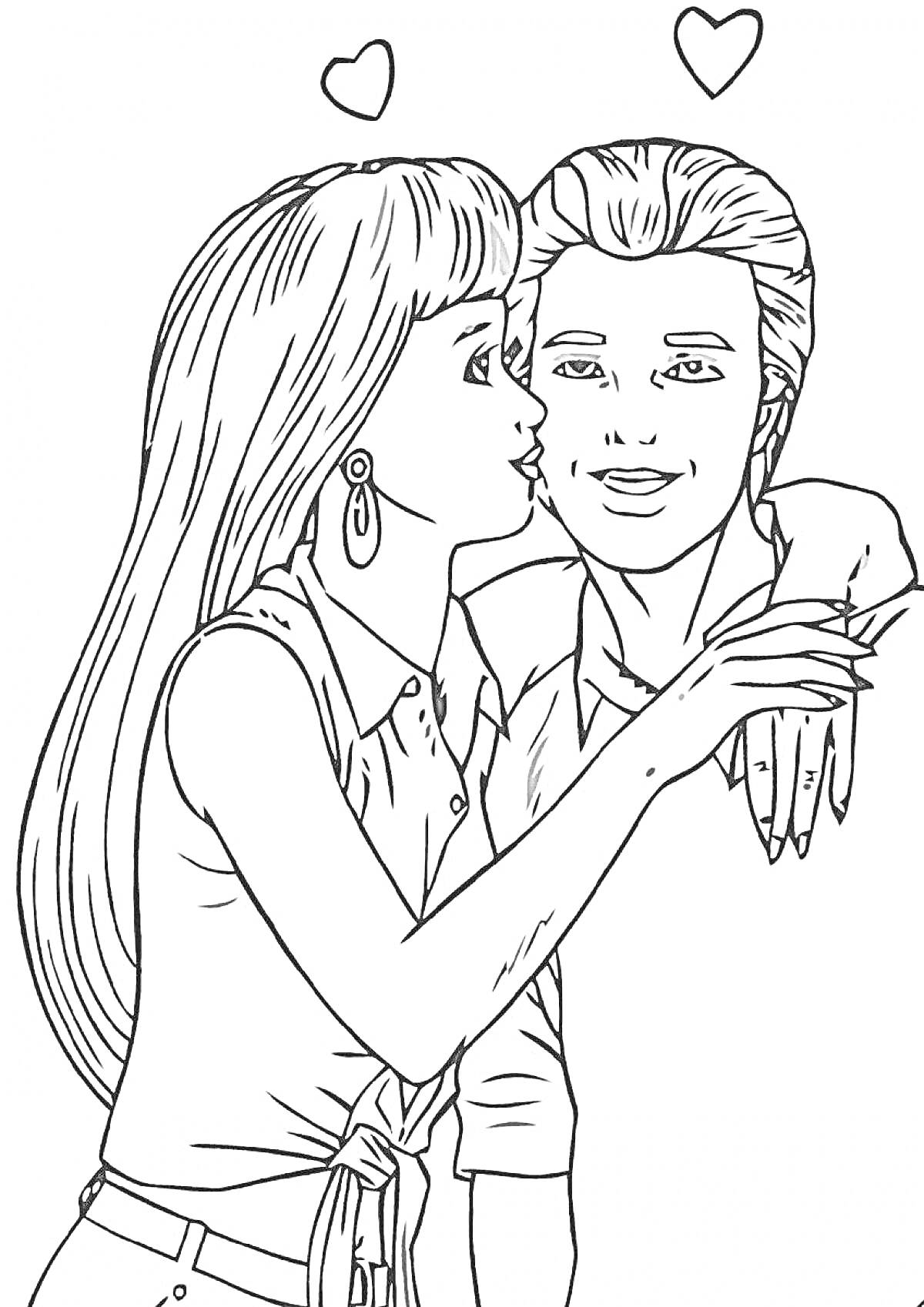 На раскраске изображено: Барби, Кен, Любовь, Сердечки, Поцелуй, Отношения, Длинные волосы, Серьги, Рубашка