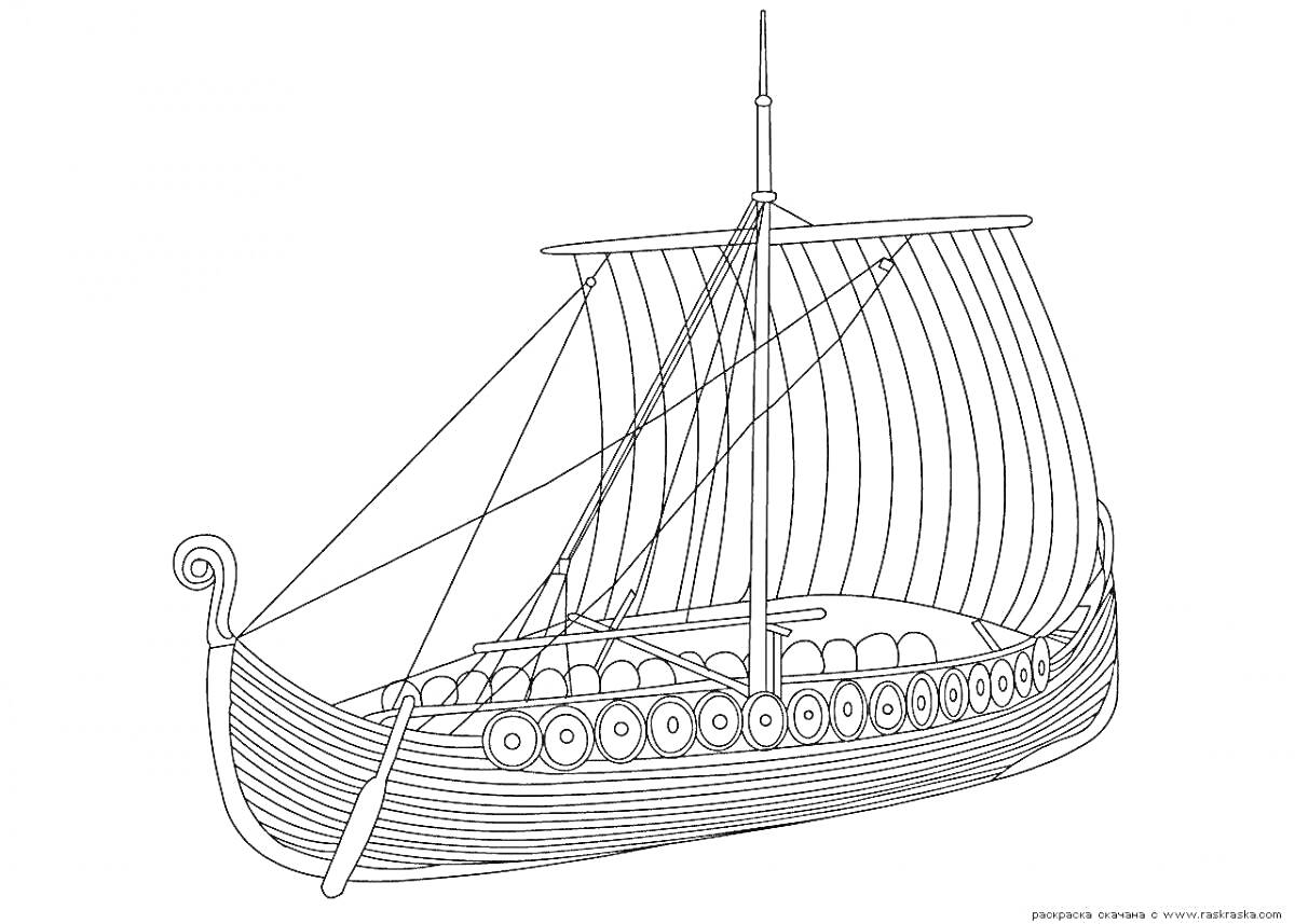 Раскраска Парусный корабль с высоким носом, веслами и вертикальными мачтами