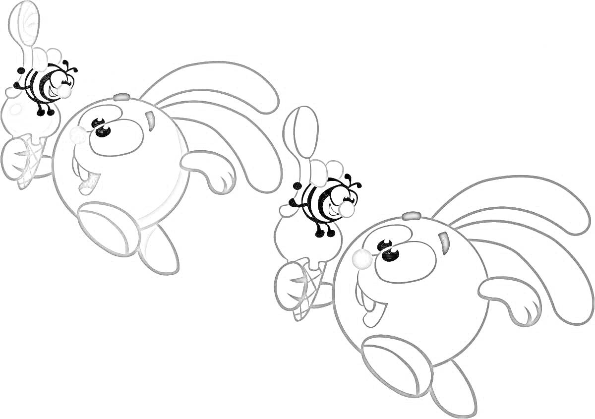 Круглый зайчик с пчелкой с образцом для раскрашивания, слева цветной вариант, справа черно-белый вариант