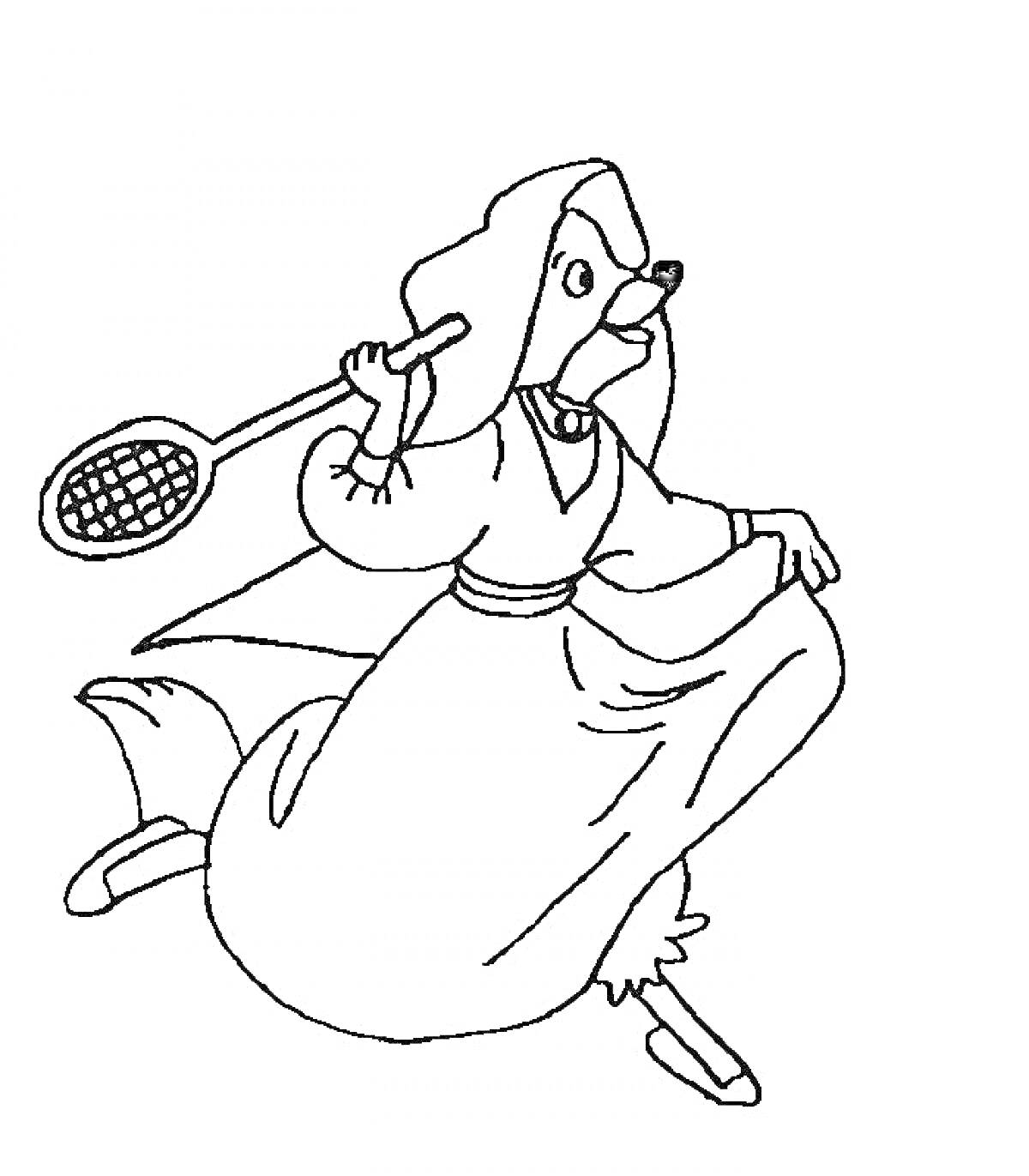 Женщина-собака в длинном платье и головном уборе с ракеткой для тенниса