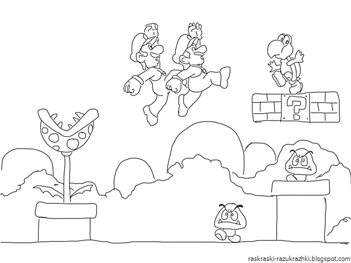 Раскраска Два прыгающих персонажа, блок с вопросительным знаком, динозавр на блоке, цветок-людоед, маленький грибообразный персонаж на платформе