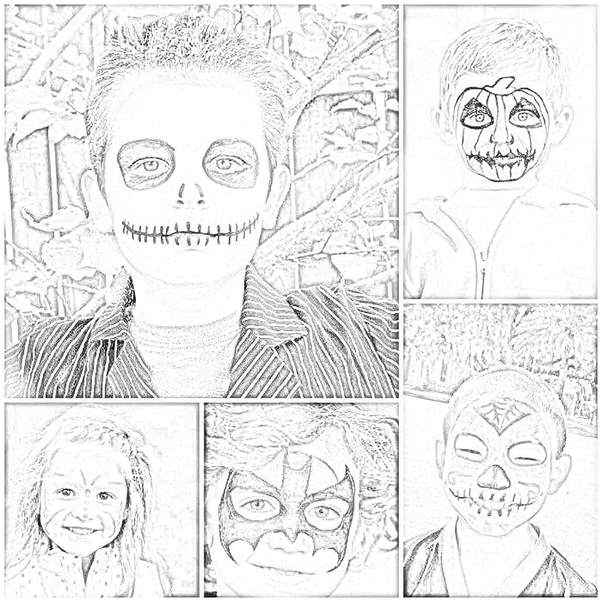 Раскраска лица детей с раскраской в виде скелета, тыквы, летучей мыши и паука