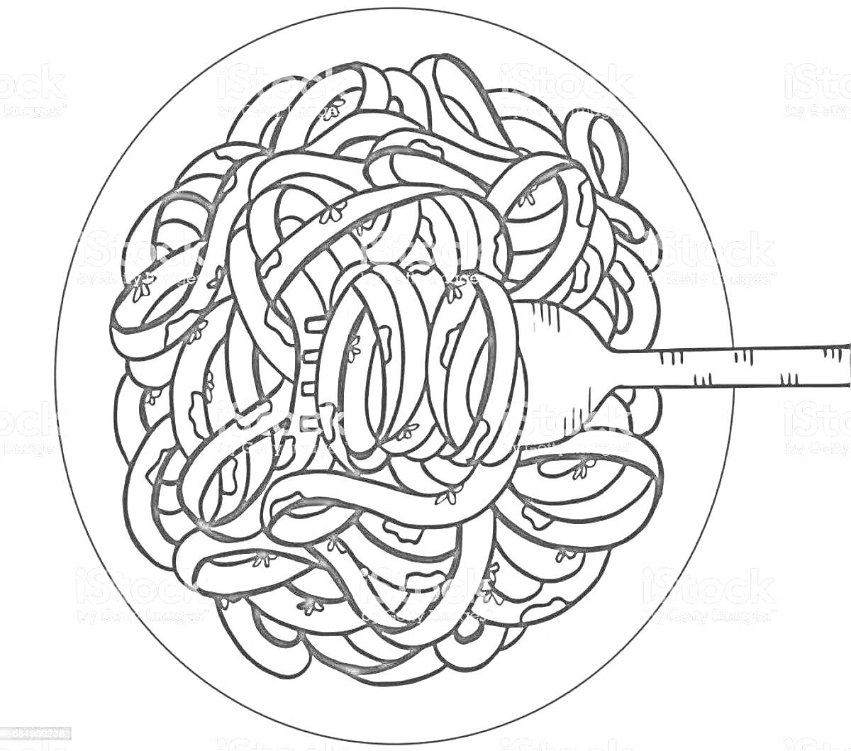 На раскраске изображено: Паста, Тарелка, Вилка, Еда, Макароны, Кухня, Итальянская кухня