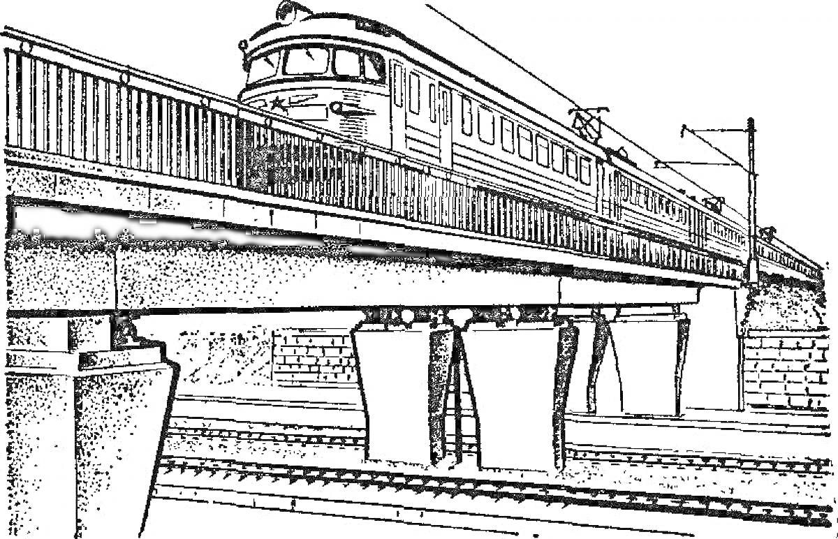 Раскраска Поезд на железнодорожном мосту, с опорами и рельсами
