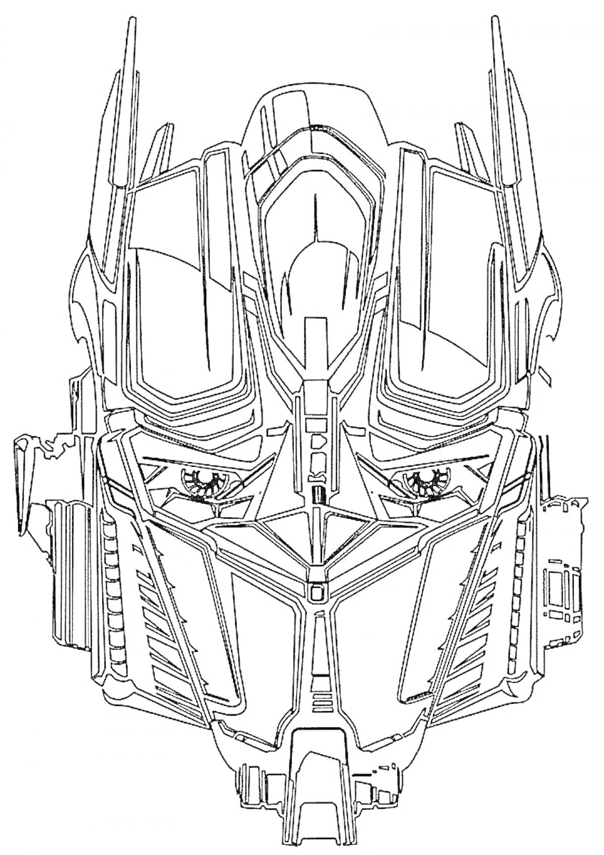 Раскраска Лицо Оптимуса Прайма крупным планом, металлические элементы, глаза, шлем