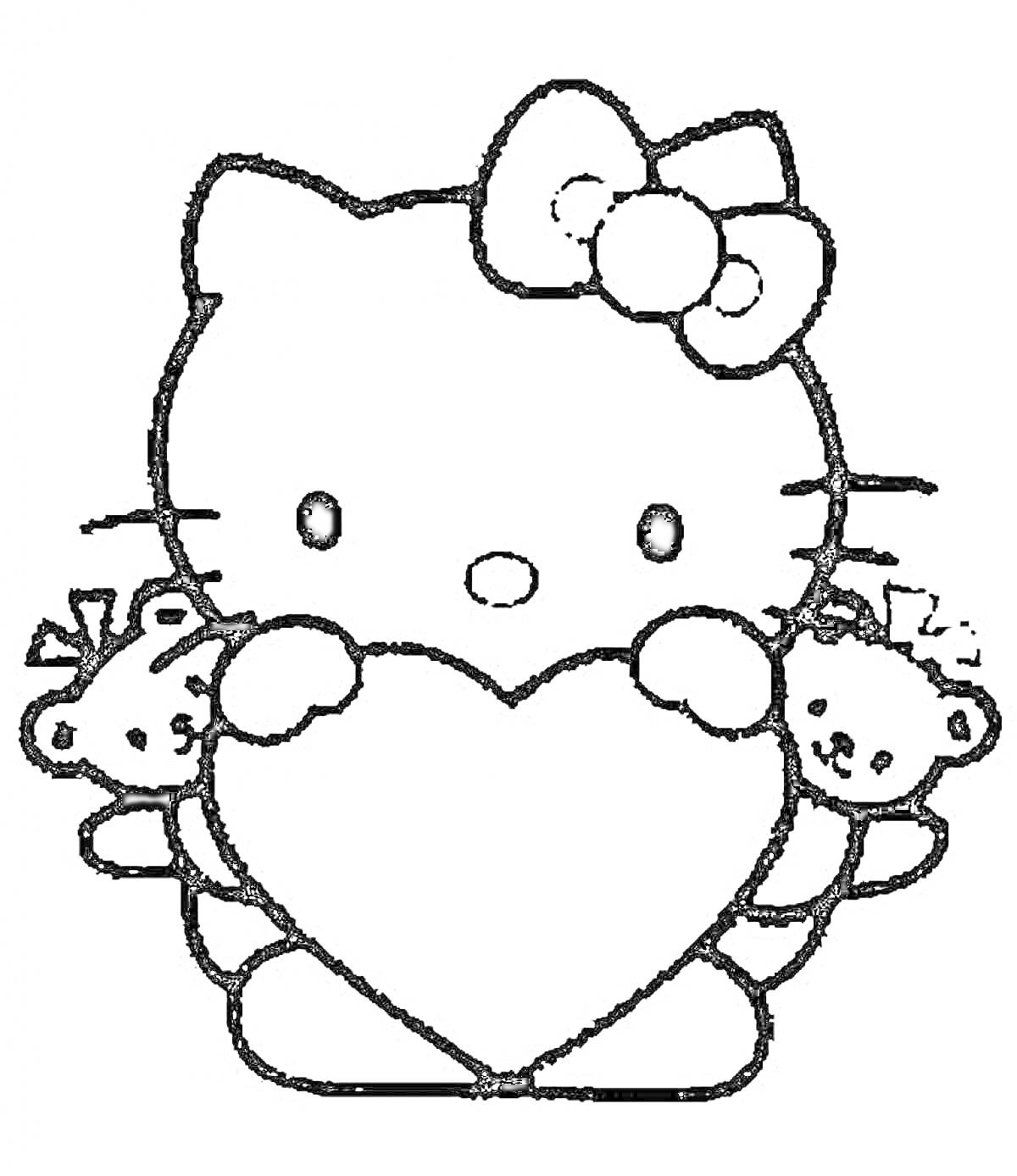 Раскраска Голова Hello Kitty с бантом и сердцем, два медвежонка по бокам