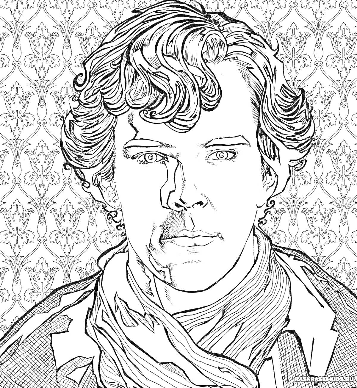 Раскраска Портрет мужчины с кудрявыми волосами и шарфом на фоне узора