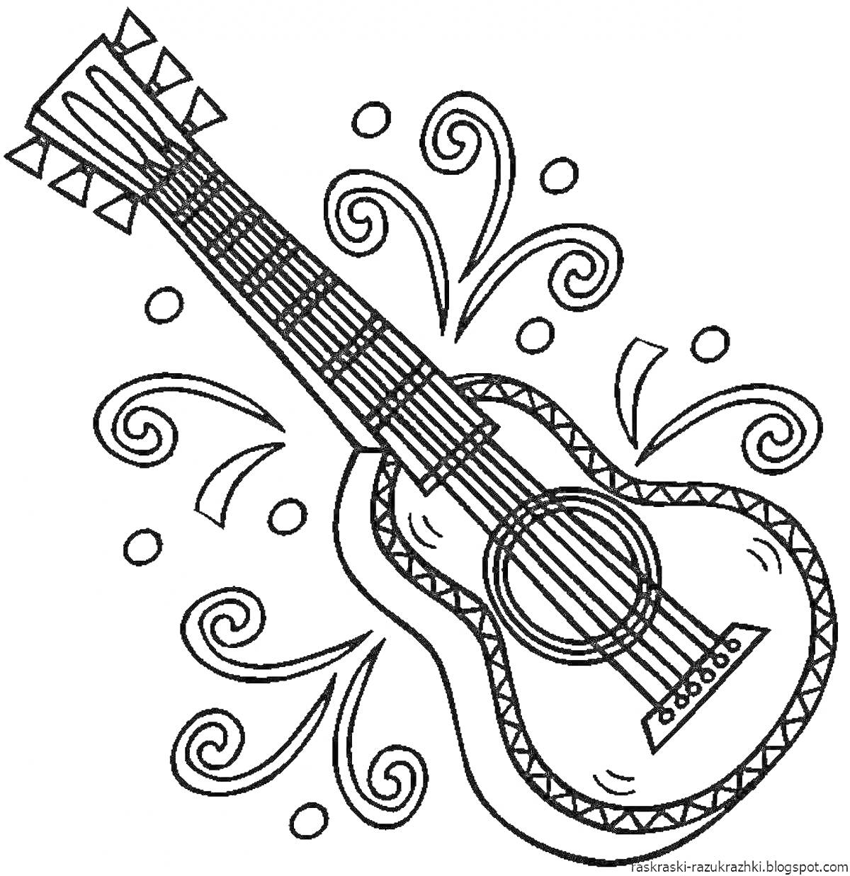 На раскраске изображено: Музыкальный инструмент, Орнамент, Завитки, Струны, Узоры