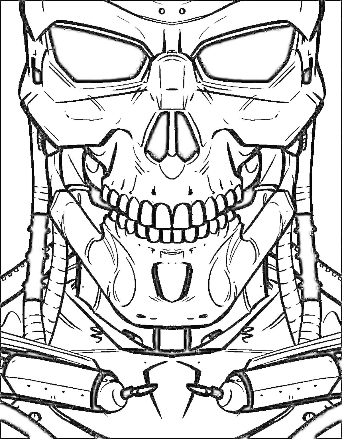 На раскраске изображено: Терминатор, Киборг, Робот, Лицо, Череп, Фантастика, Техника