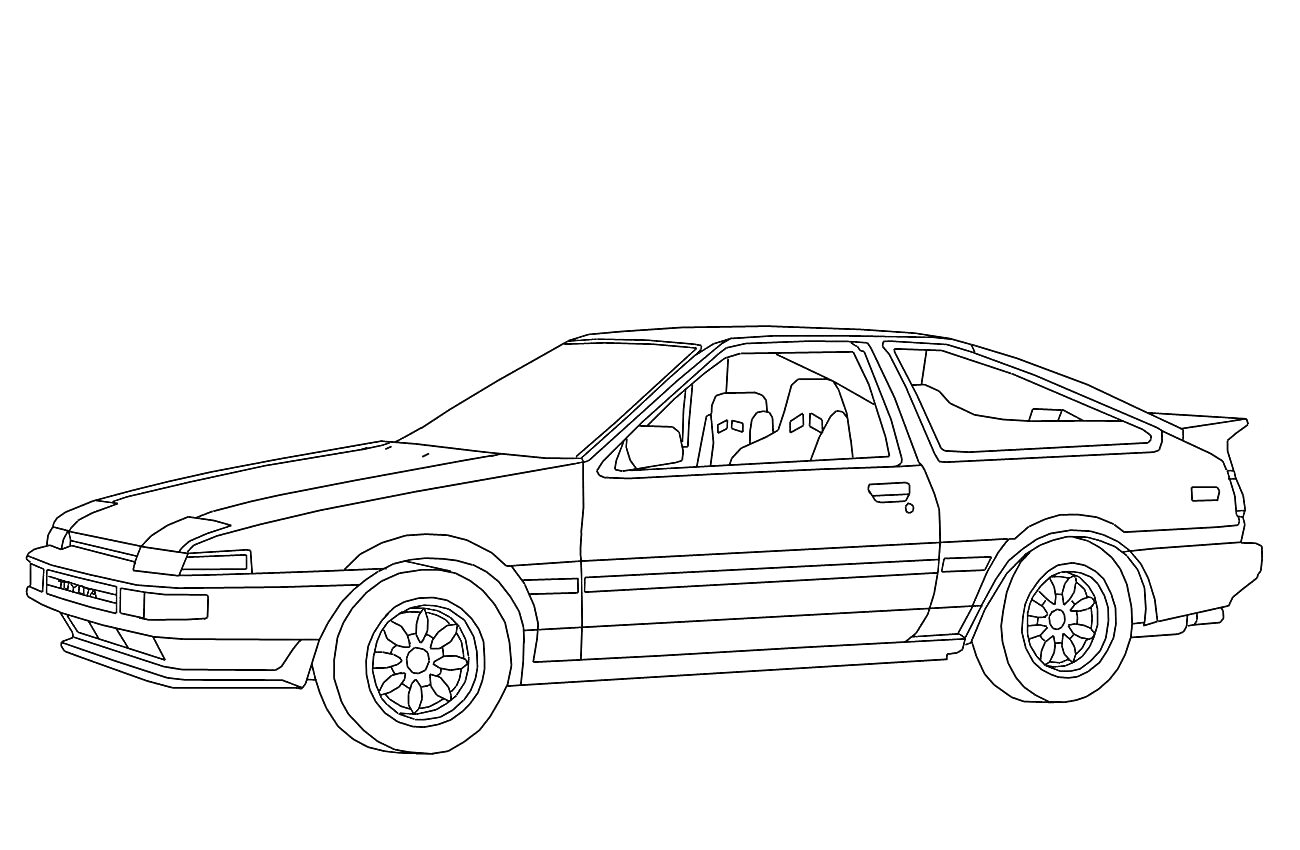 Раскраска Тойота AE86 с детализированной линией кузова и салона, сзади спойлер, вид сбоку