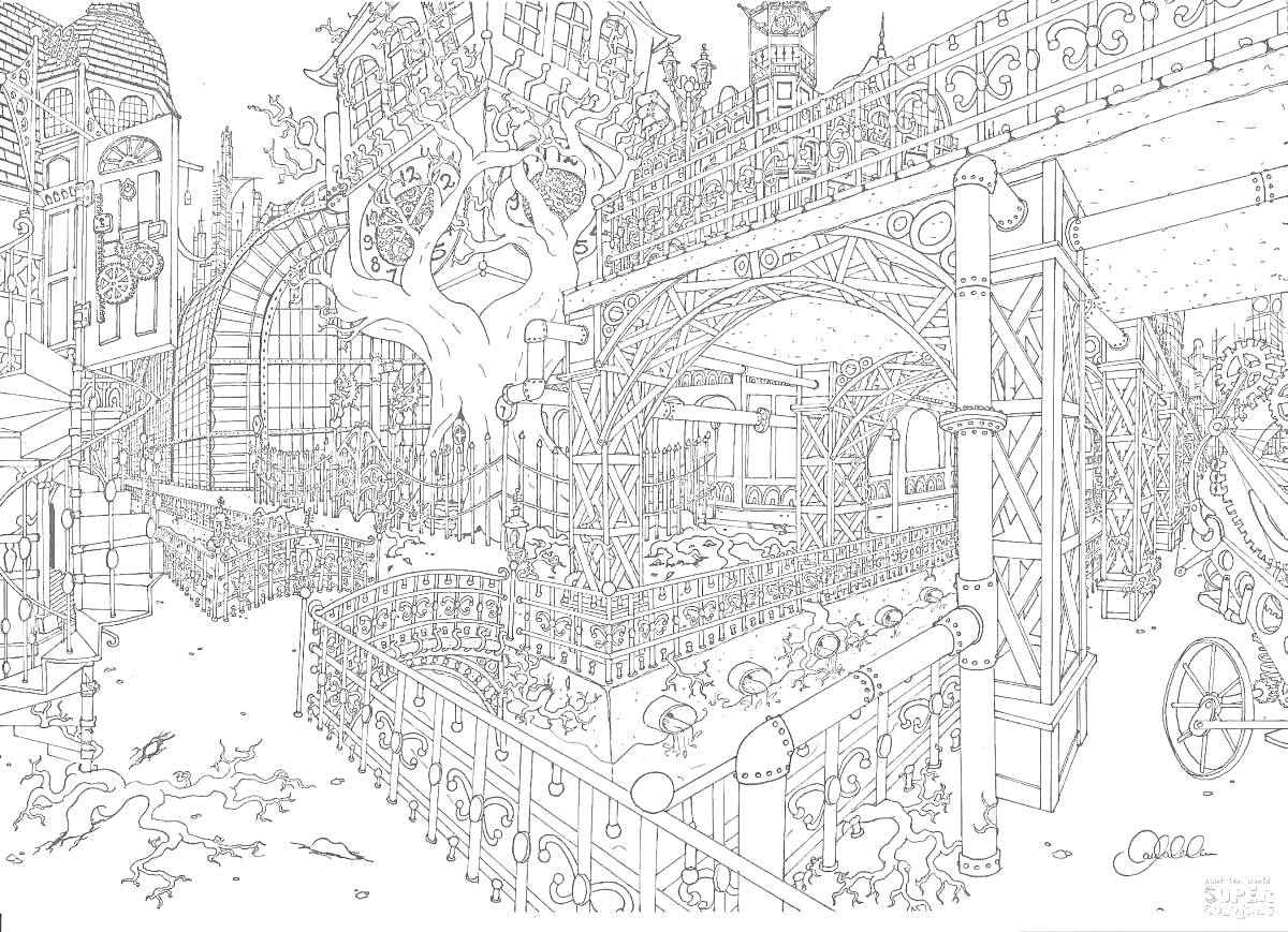 Раскраска Городские мосты и архитектура с древом, рекой и художественными элементами