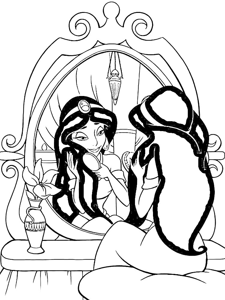 Раскраска Жасмин за туалетным столиком с зеркалом, держащая зеркало и расчесывающая волосы, бутылочка духов и занавески на заднем плане