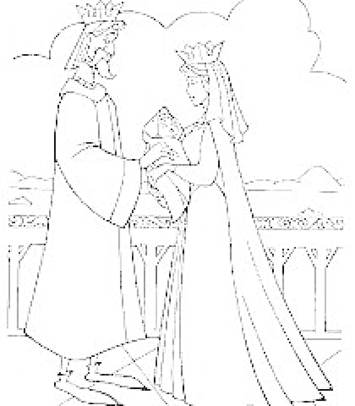 На раскраске изображено: Король, Королева, Младенец, Из сказок, Пейзаж, Корона