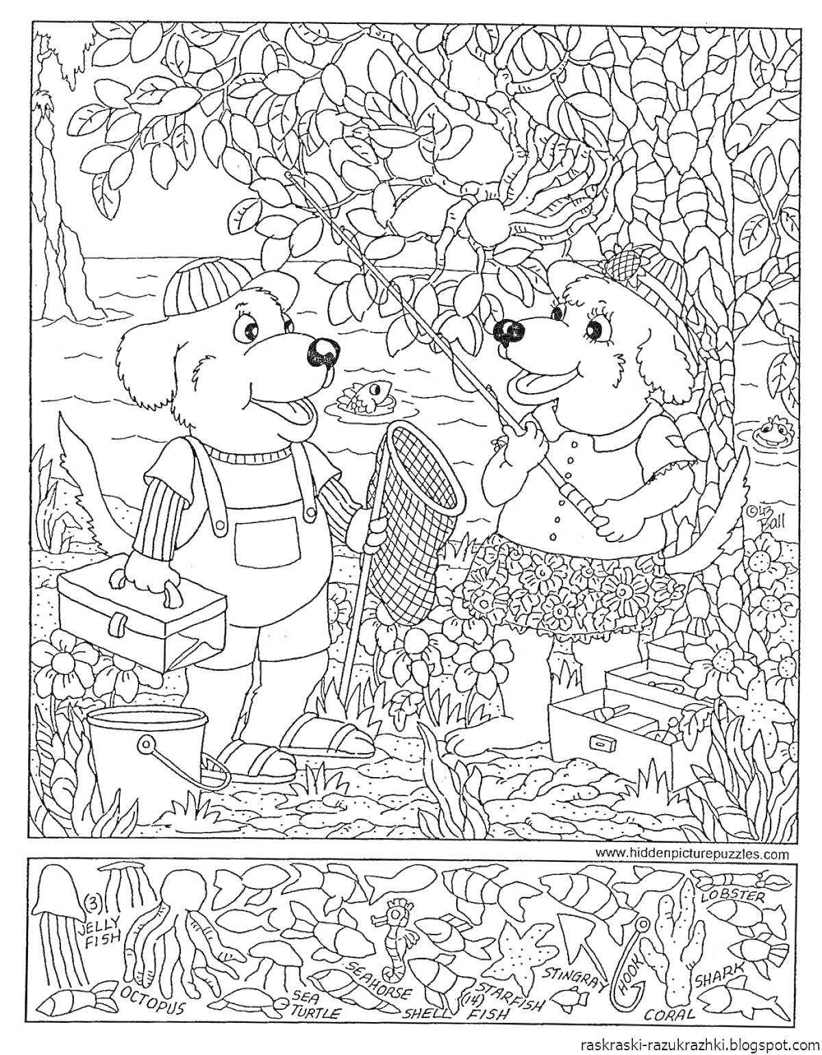 Раскраска Сценка с двумя собаками на пикнике у реки и подводный мир