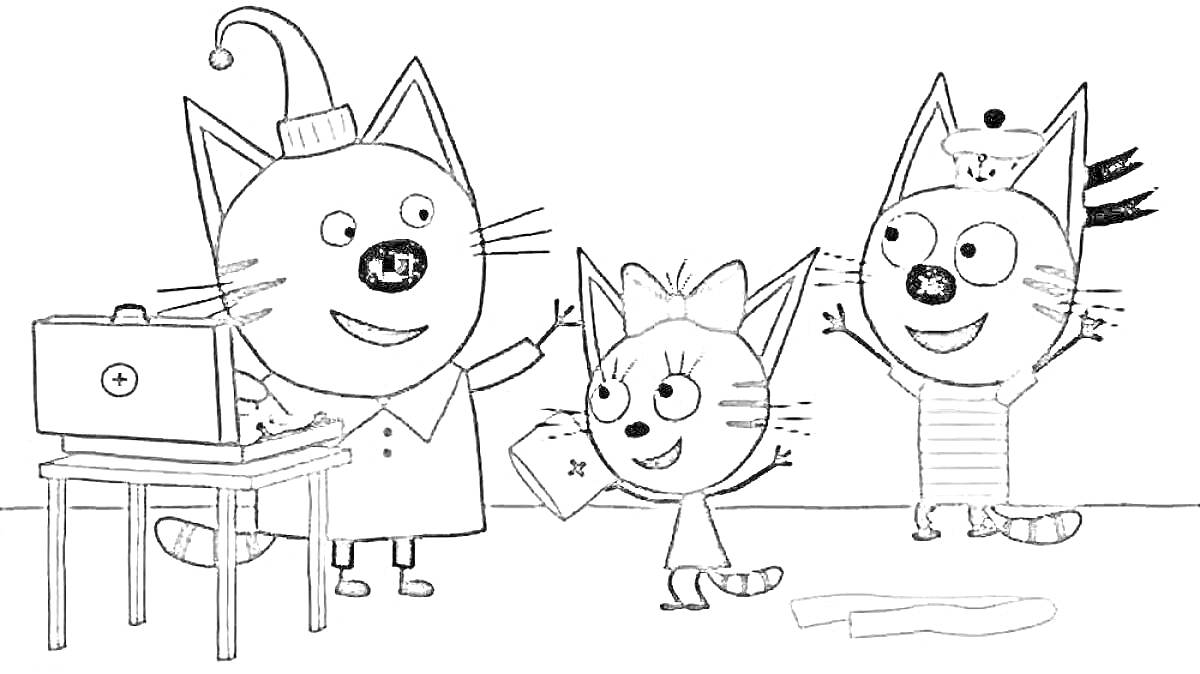 На раскраске изображено: Ноутбук, Полосатая одежда, Три кота