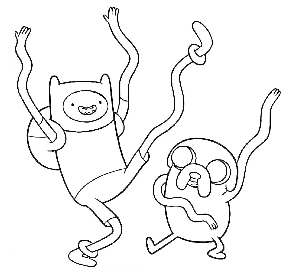 Раскраска Фин и Джейк танцуют руки вверх
