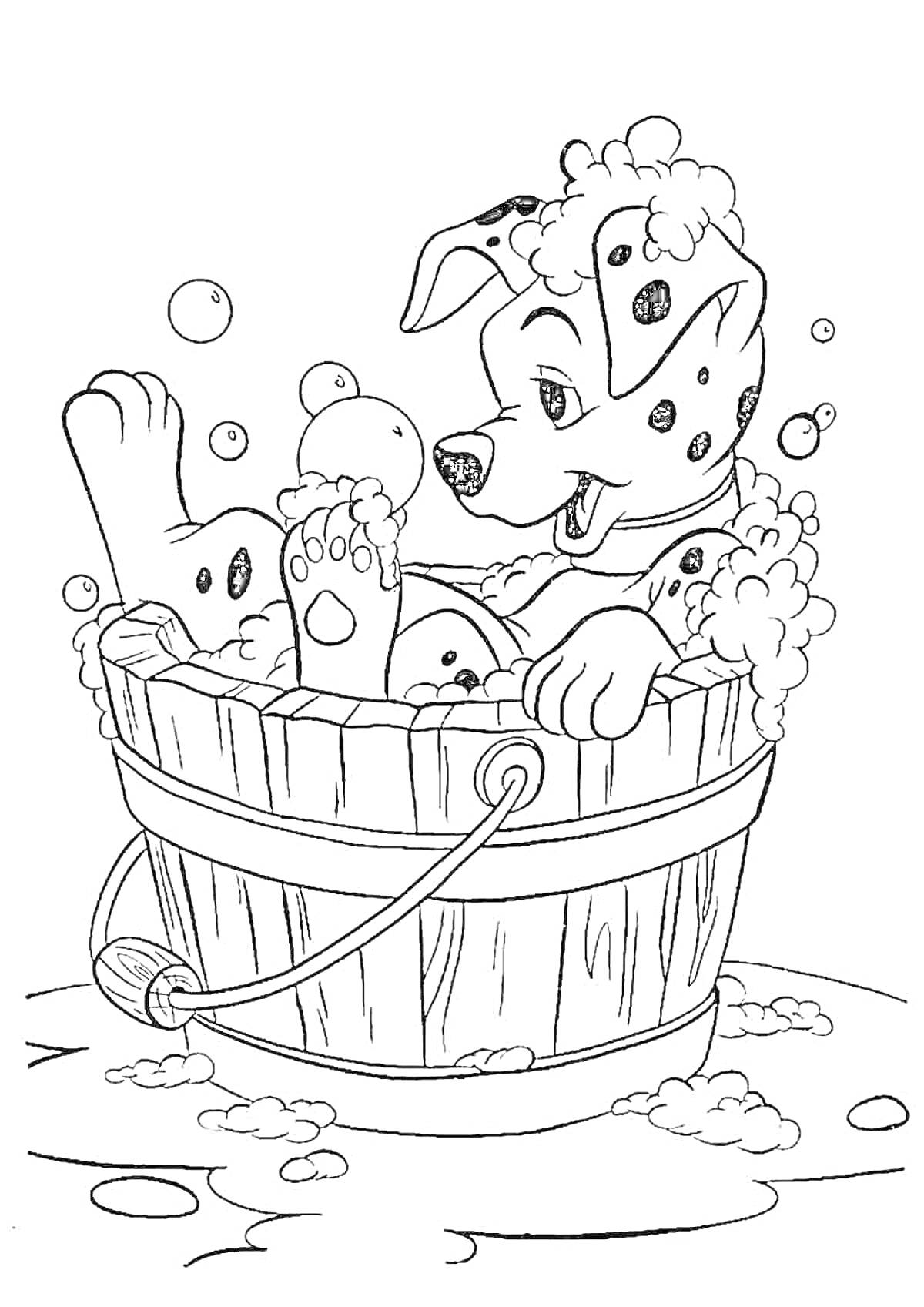 На раскраске изображено: Ванна, Мыльная пена, Вода, Купание, Собака, Бочка