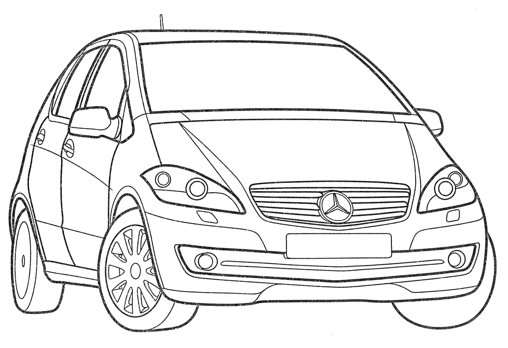 Раскраска автомобиля Mercedes с логотипом, фары, колеса, двери, стекла и зеркала