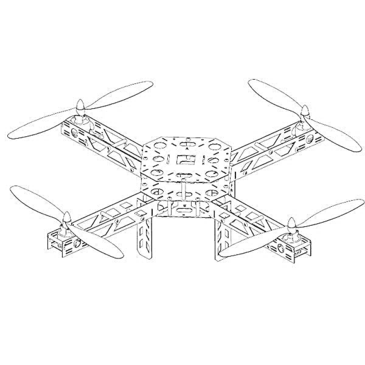 Раскраска Квадрокоптер с четырьмя пропеллерами и открытой рамой