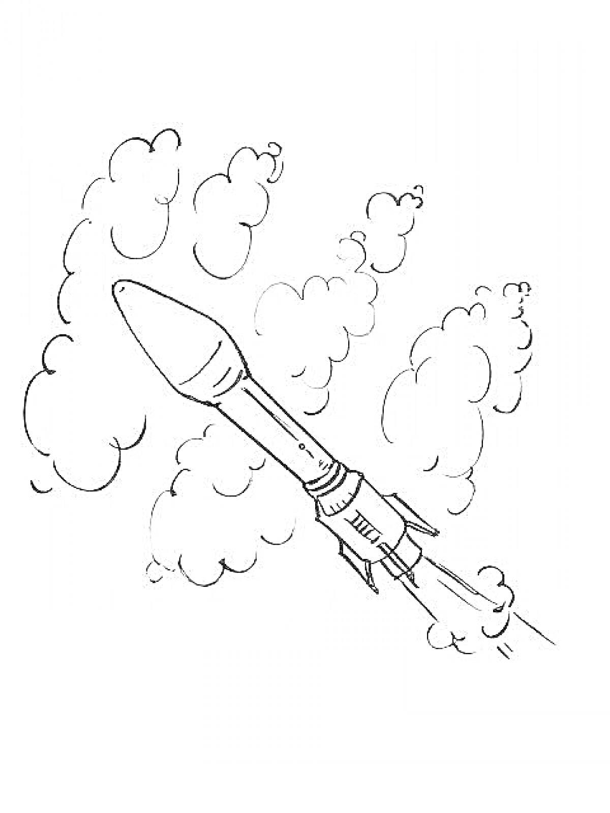 На раскраске изображено: Ракета, Полет, Облака, Дым, Космос, Небо