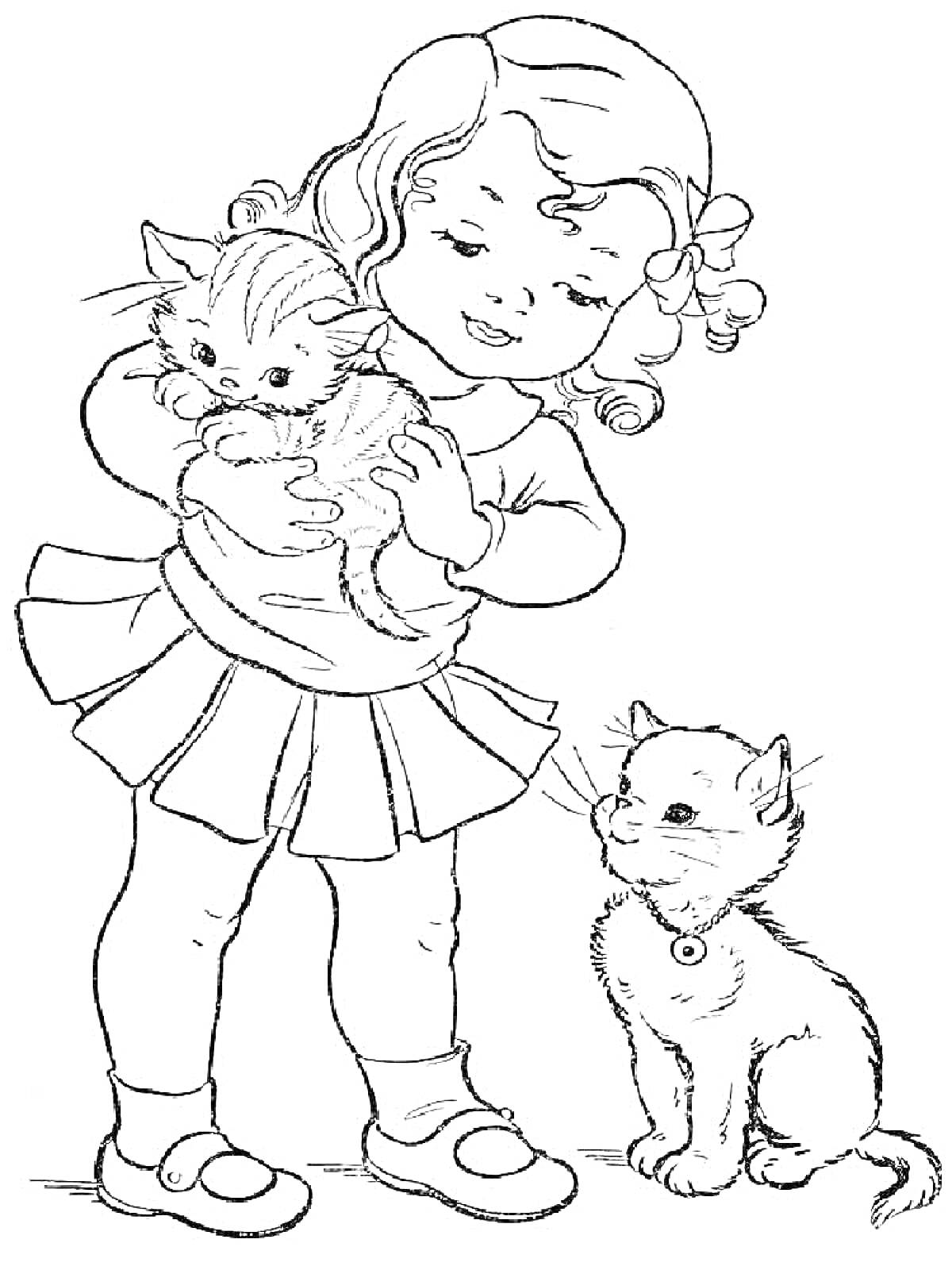 Раскраска Девочка с котятами