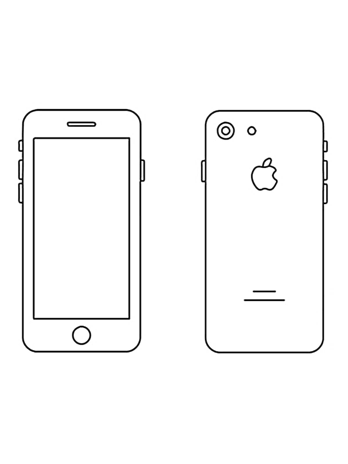 Раскраска iPhone 14 с передней и задней панелью, кнопками управления, логотипом яблока и линзами камеры