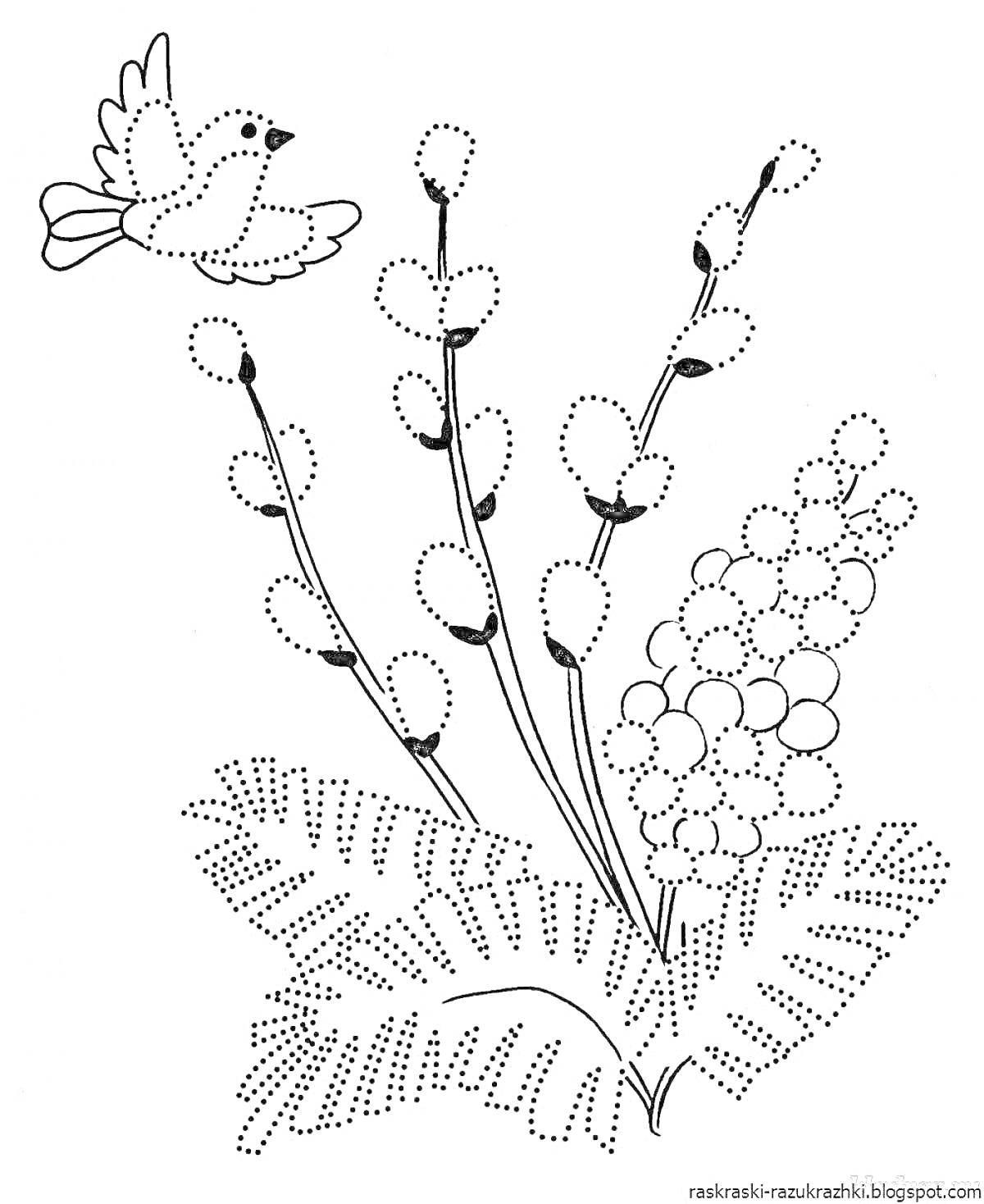 На раскраске изображено: Весна, Птица, Верба, Листья, Природа