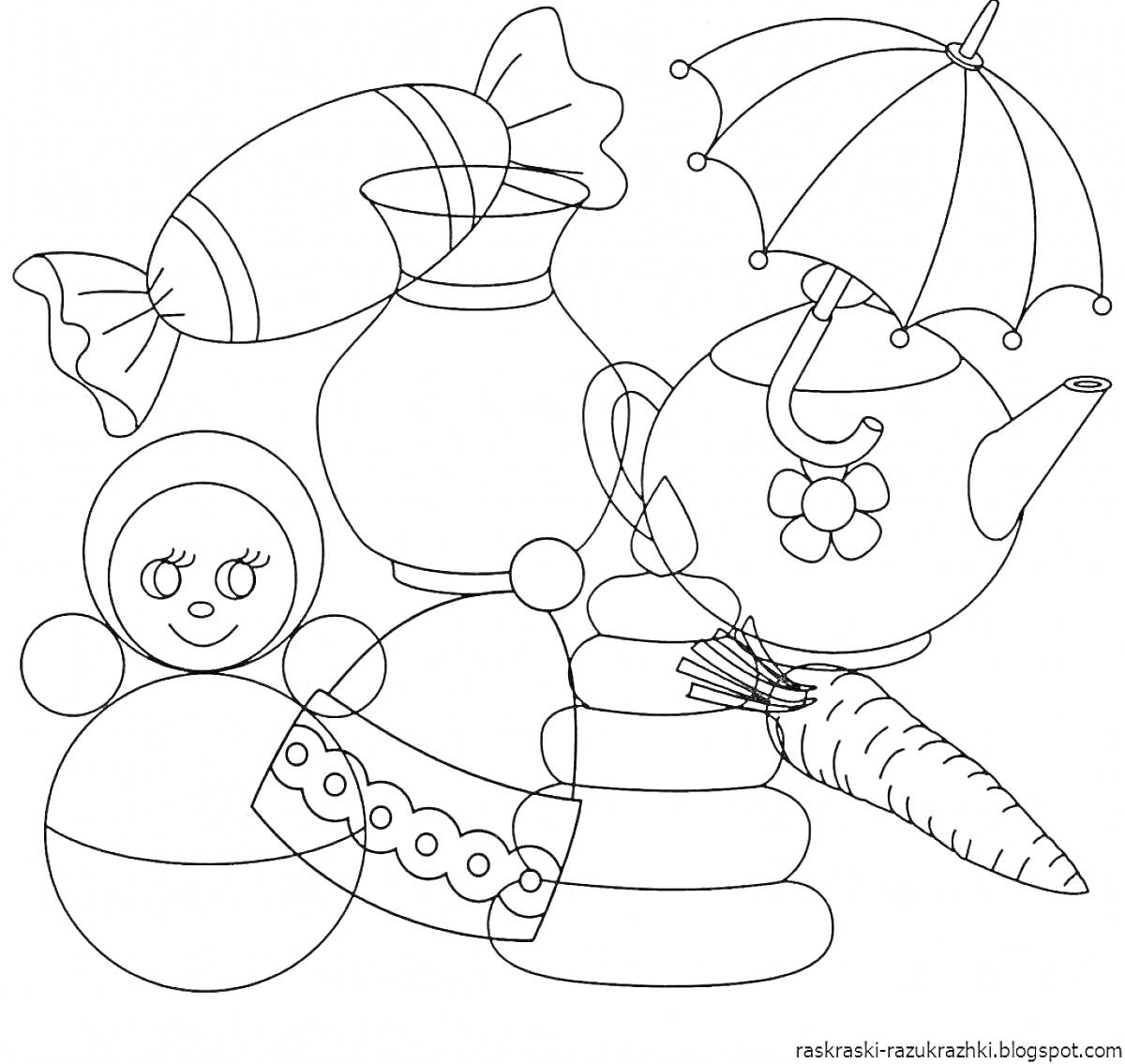 Раскраска Игрушки и предметы: матрешка, кувшин, конфета, зонтик, чайник, морковь, пирамидка