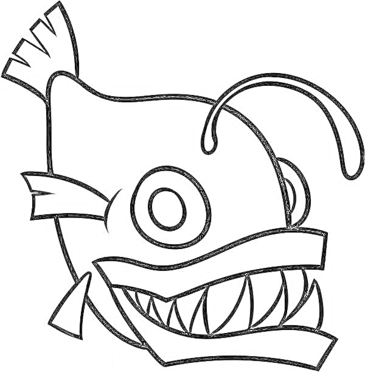 Раскраска Рыба-удильщик с хвостом, большим ртом, острыми зубами и удочкой на голове