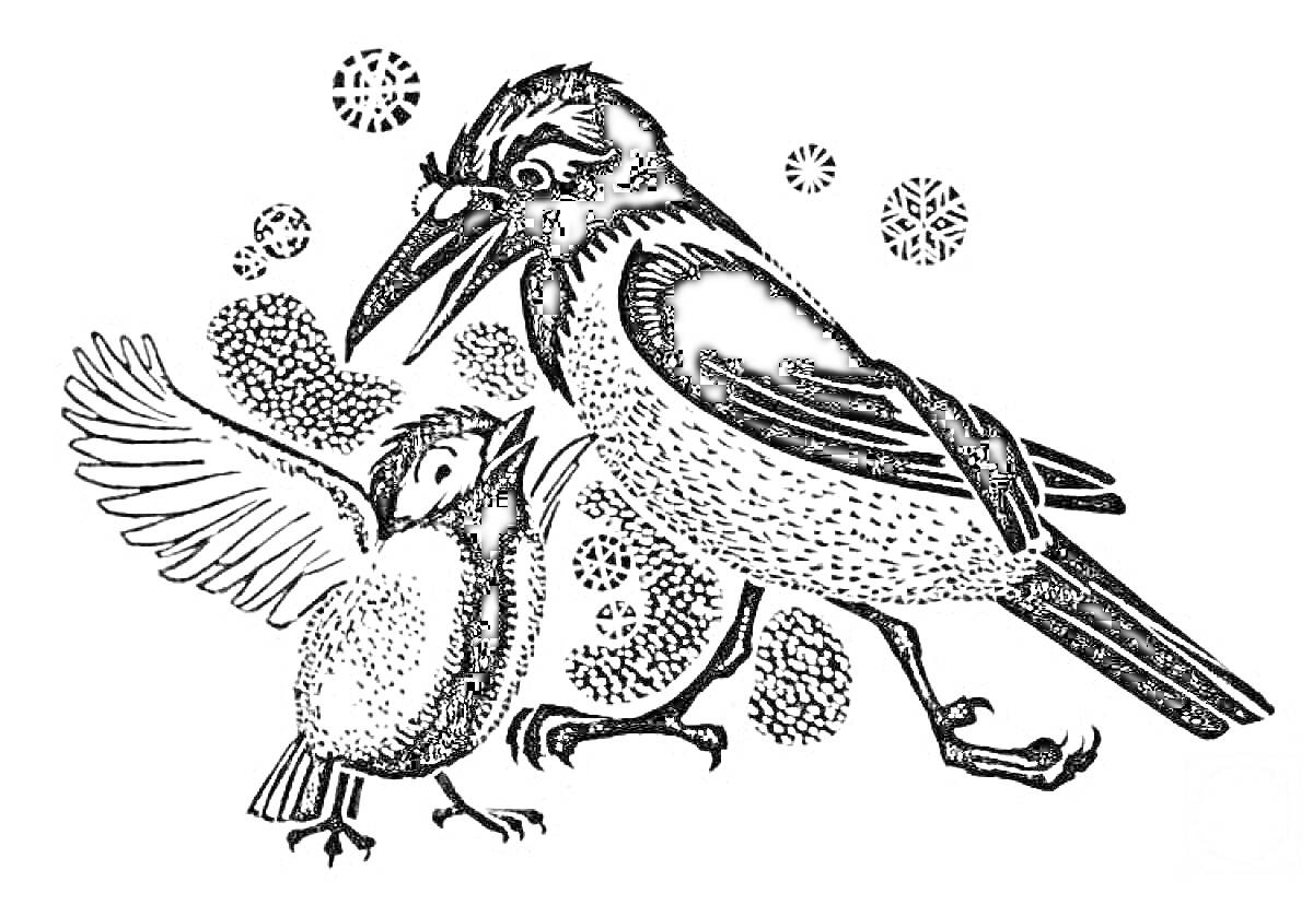 Воробей и другая птица с растрепанными перьями, окруженные пузырями и абстрактными элементами