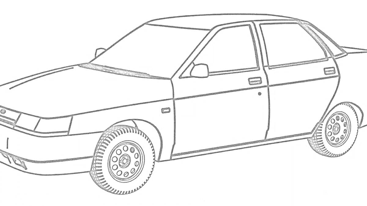 Раскраска Автомобиль Девятка с боковой проекцией и деталями кузова и колес.