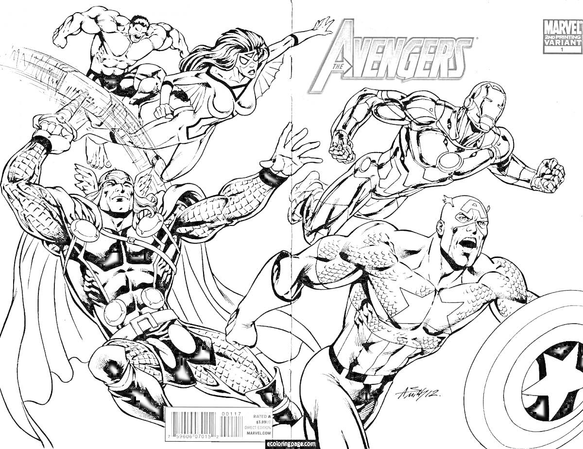 На раскраске изображено: Мстители, Супергерои, Молот, Щит